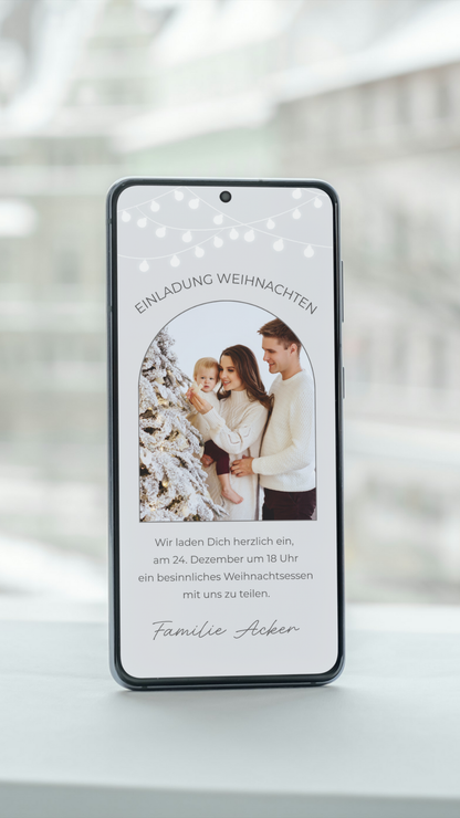 Digitale Einladung zu Weihnachten – modernes Fotodesign in hellen Wintertönen