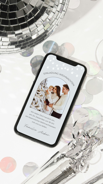 Digitale Einladung zu Weihnachten – modernes Fotodesign in hellen Wintertönen