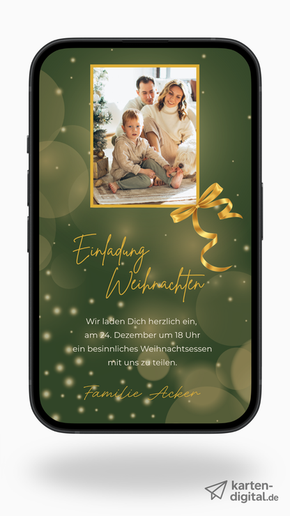 Digitale Einladung zu Weihnachten – elegantes Grün mit goldenem Lichterglanz