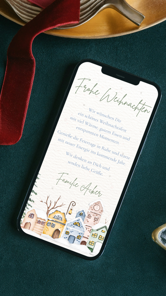 Digitale Weihnachtskarte – Winterhäuser & warme Grüße