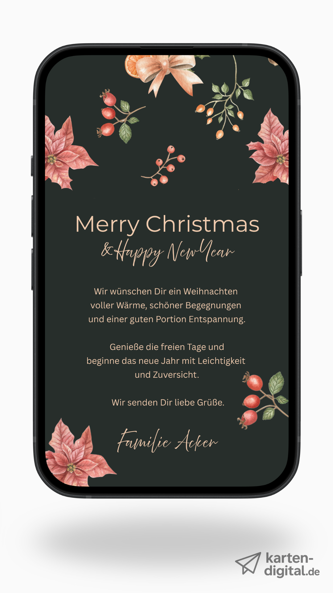 Digitale Weihnachtskarte – Merry Christmas & Happy New Year in Dunkelgrün mit Beeren