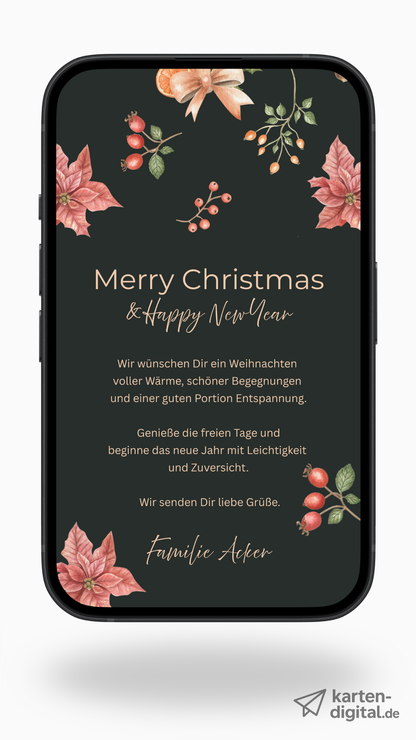Digitale Weihnachtskarte – Merry Christmas & Happy New Year in Dunkelgrün mit Beeren