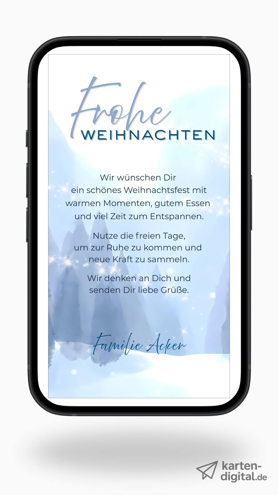 Digitale Weihnachtskarte – Frohe Weihnachten in Blau mit Winterlandschaft