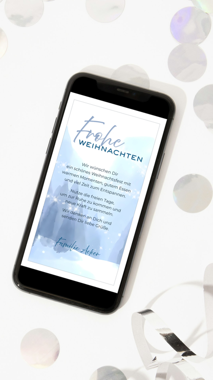 Digitale Weihnachtskarte – Frohe Weihnachten in Blau mit Winterlandschaft