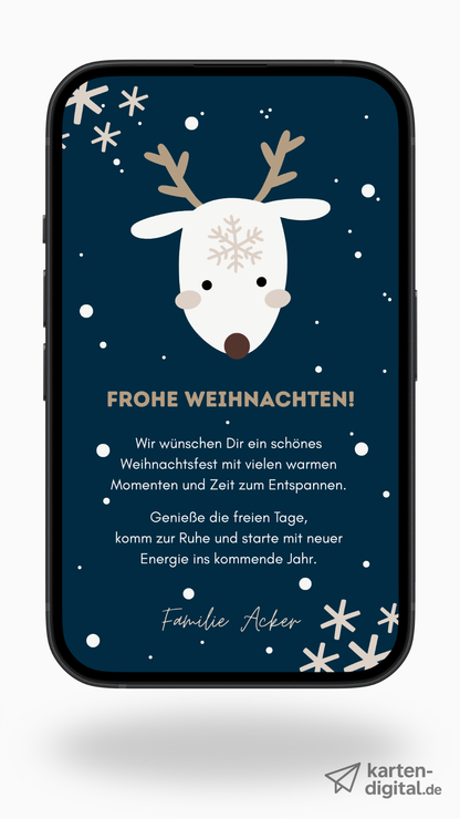 Digitale Weihnachtskarte – Rentier mit Schneeflocke & Winterdesign