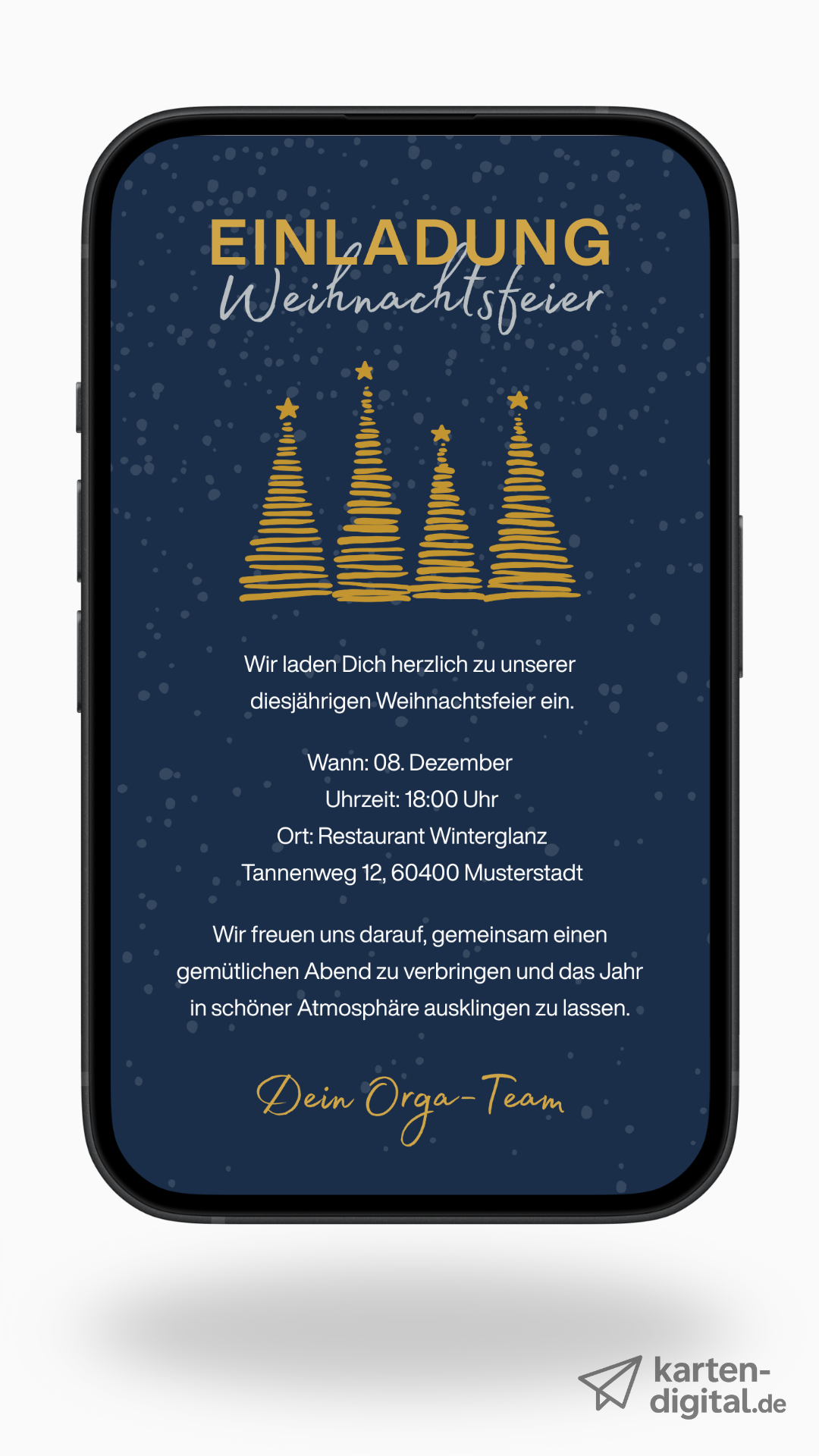 Digitale Einladung zur Weihnachtsfeier – Dunkelblau mit goldenen Tannen