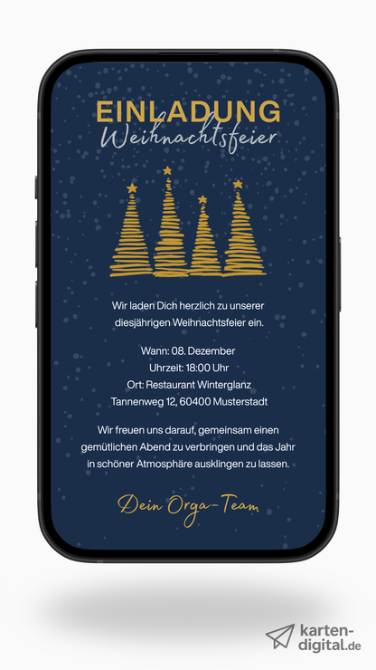 Digitale Einladung zur Weihnachtsfeier – Dunkelblau mit goldenen Tannen