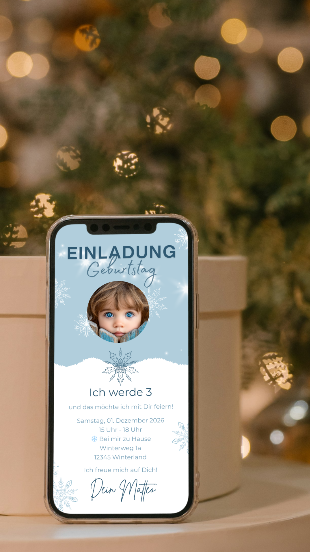 Digitale Geburtstagseinladung – Winterliche Schneeflocken