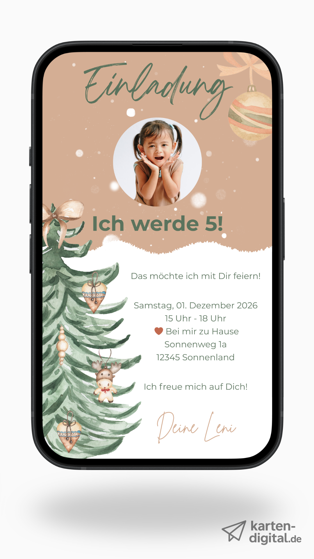 Digitale Geburtstagseinladung – Winterliches Design mit Tannenbaum & Herz