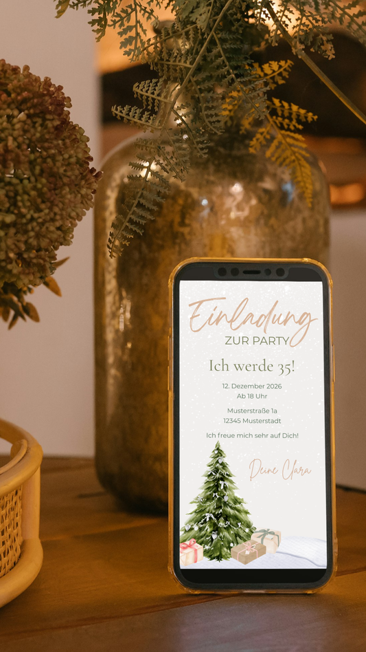 Digitale Geburtstagseinladung – Winterlich & festlich mit Weihnachtsbaum