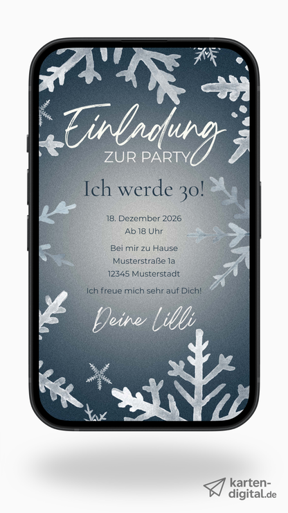 Digitale Geburtstagseinladung – Winterparty mit Schneeflocken