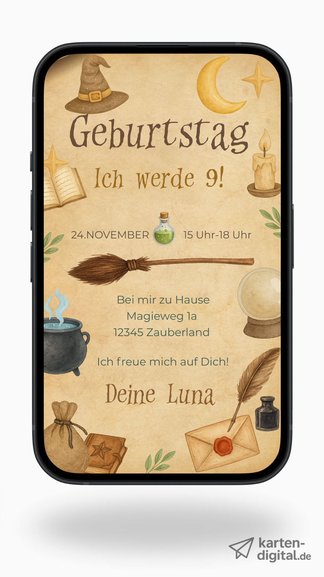Digitale Geburtstagseinladung – Magischer Zauberstil mit Hexenhut & Zaubertrank