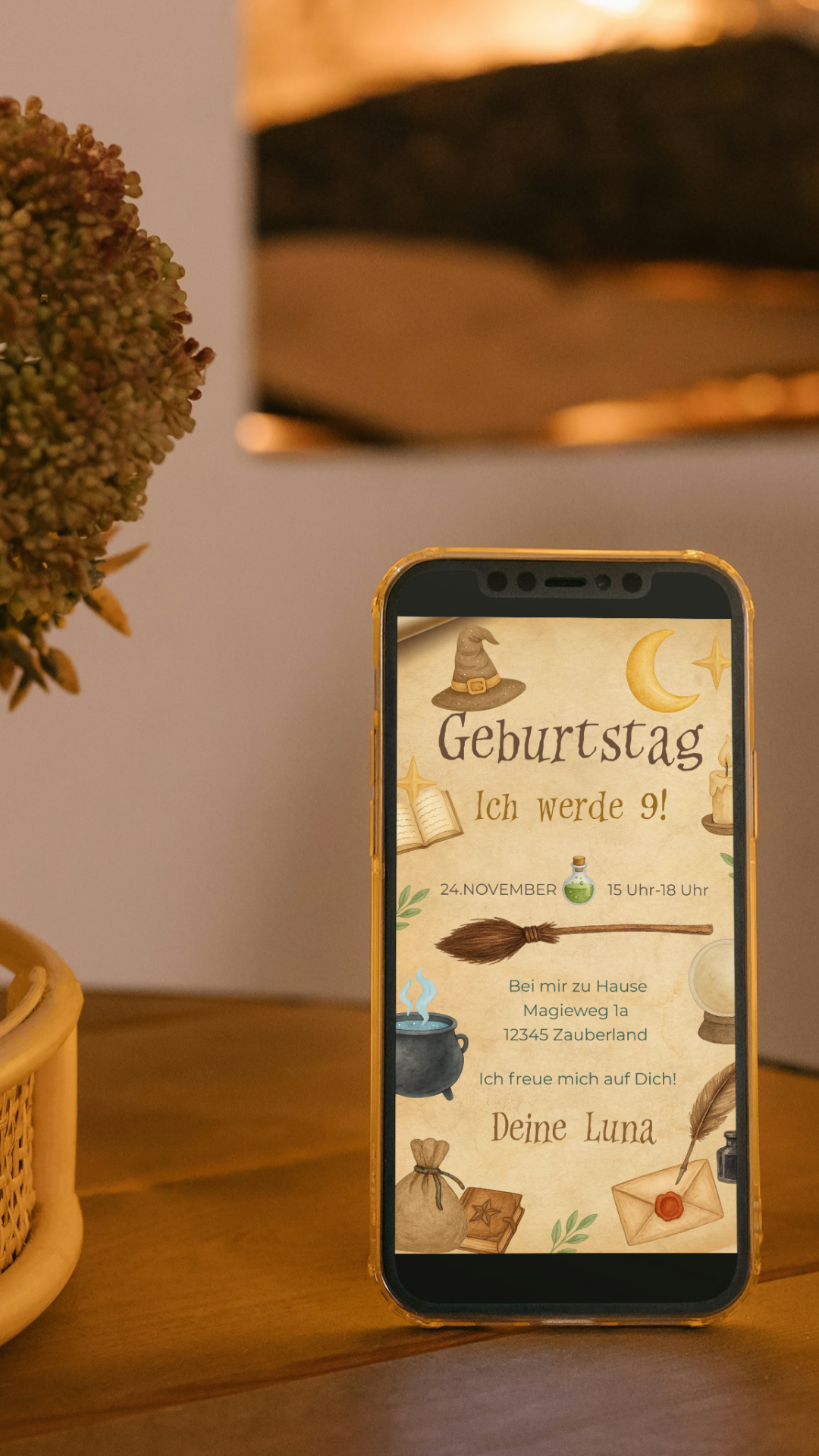 Digitale Geburtstagseinladung – Magischer Zauberstil mit Hexenhut & Zaubertrank