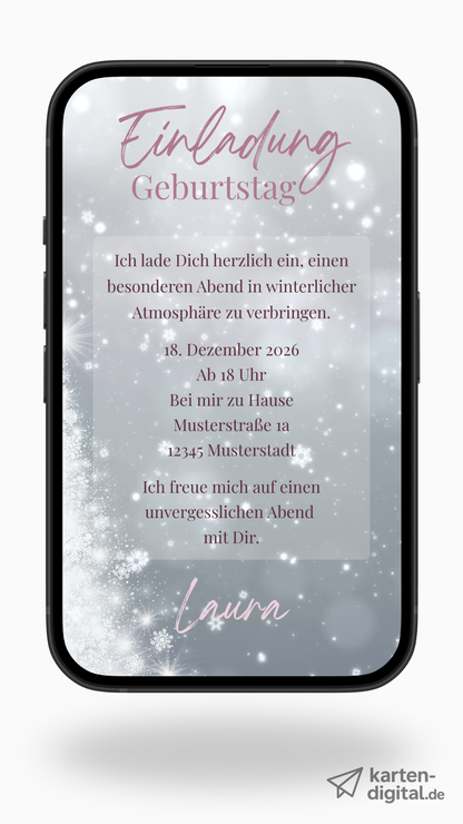 Digitale Geburtstags-Videoeinladung – Winterliche Eleganz & sanfter Schneefall