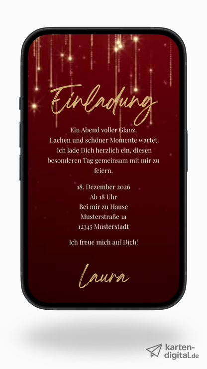 Digitale Geburtstags-Videoeinladung – Goldene Lichtstreifen & edles Rot