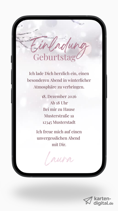 Digitale Geburtstags-Videoeinladung – Sanfter Schneefall & Winterzweig