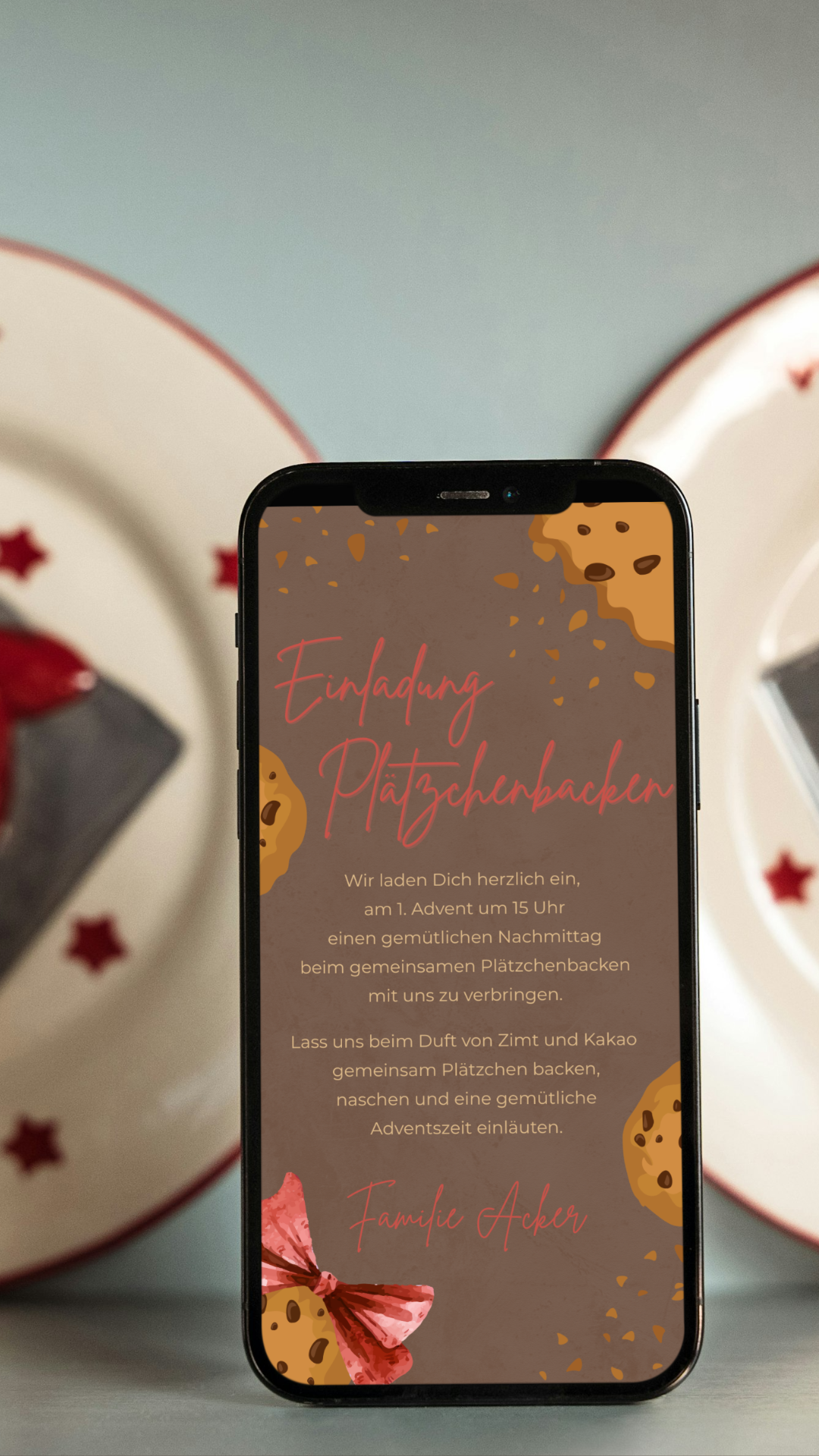 Digitale Einladung Plätzchenbacken – warmes Adventsdesign mit süßen Keksillustrationen