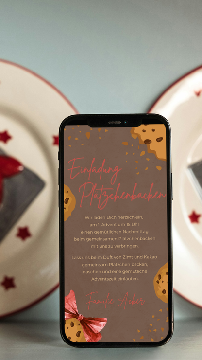 Digitale Einladung Plätzchenbacken – warmes Adventsdesign mit süßen Keksillustrationen