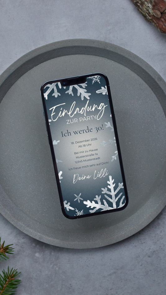 Digitale Geburtstagseinladung – Winterparty mit Schneeflocken