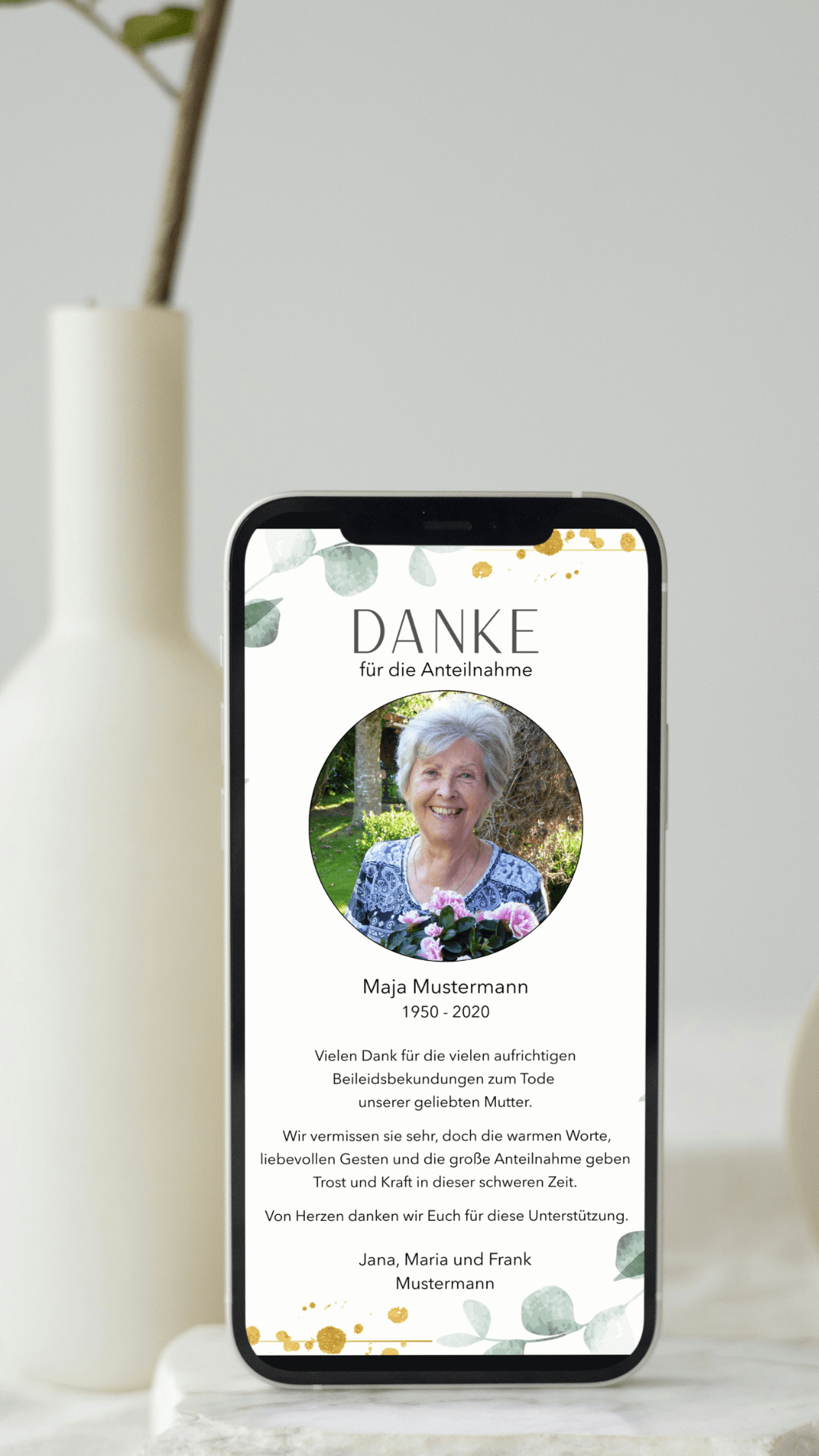 Digitale Danksagungskarte – Aquarellblätter & Fotorahmen - karten - digital