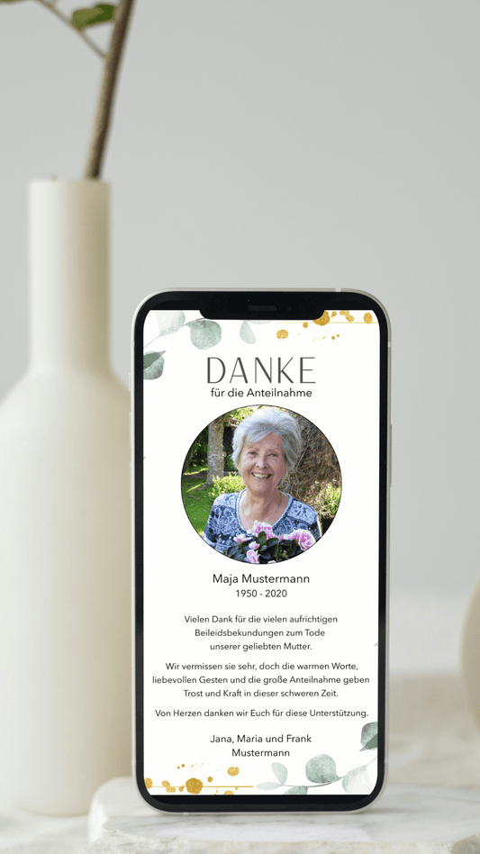 Digitale Danksagungskarte – Aquarellblätter & Fotorahmen - karten - digital