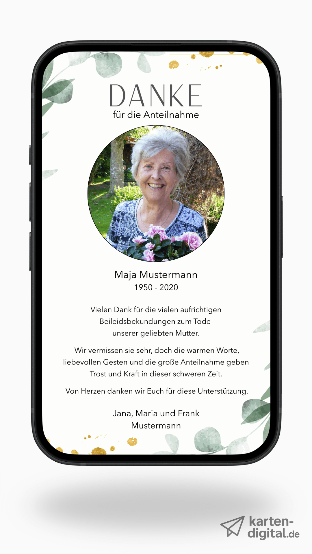 Digitale Danksagungskarte – Aquarellblätter & Fotorahmen - karten - digital