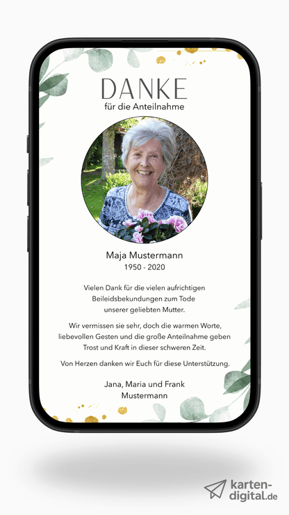 Digitale Danksagungskarte – Aquarellblätter & Fotorahmen - karten - digital