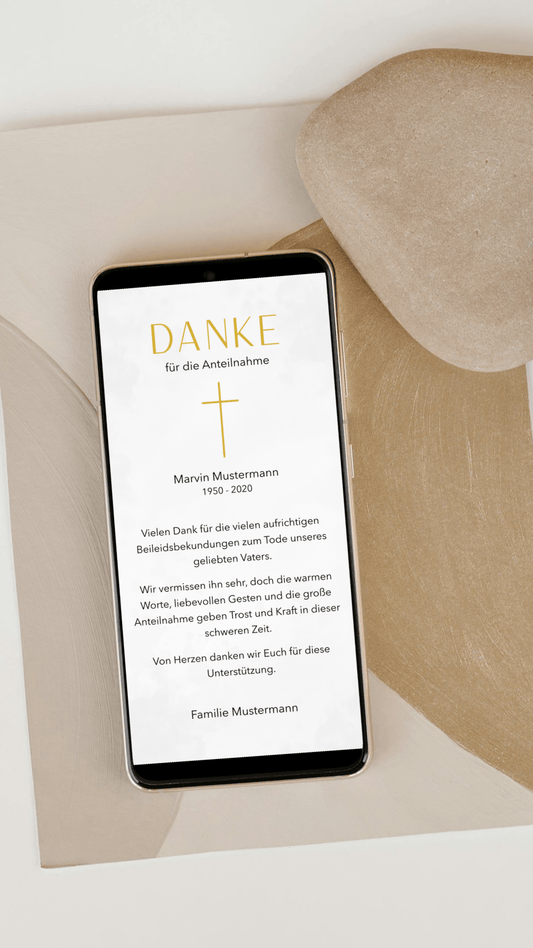 Digitale Danksagungskarte – Weiß & goldenes Kreuz - karten - digital