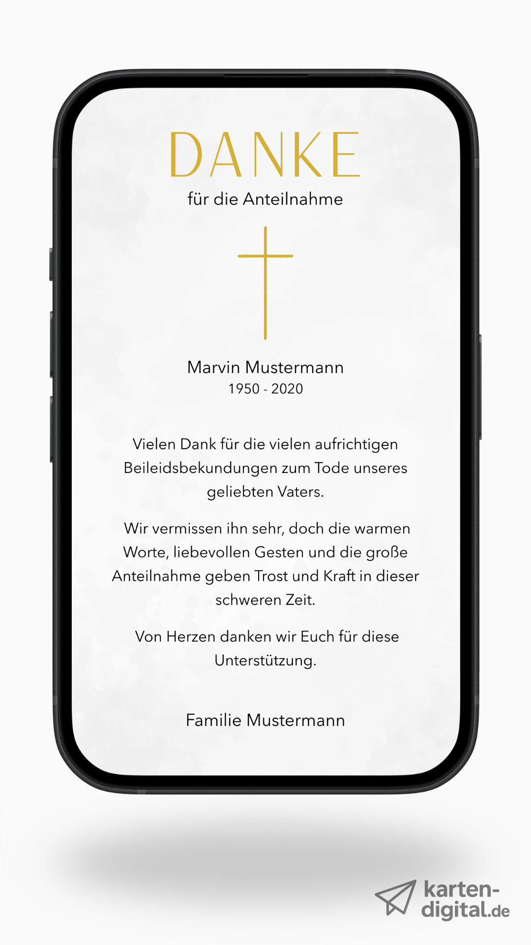 Digitale Danksagungskarte – Weiß & goldenes Kreuz - karten - digital