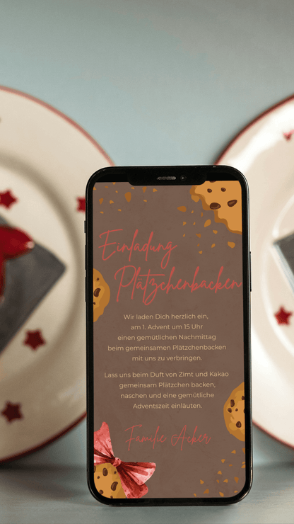 Digitale Einladung Plätzchenbacken – warmes Adventsdesign mit süßen Keksillustrationen - karten - digital