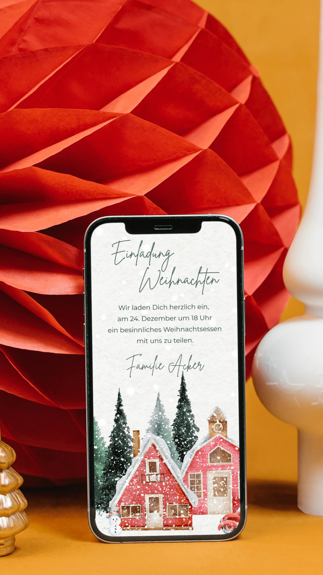 Digitale Einladung zu Weihnachten – winterliches Aquarelldesign mit gemütlichen Häuschen - karten - digital