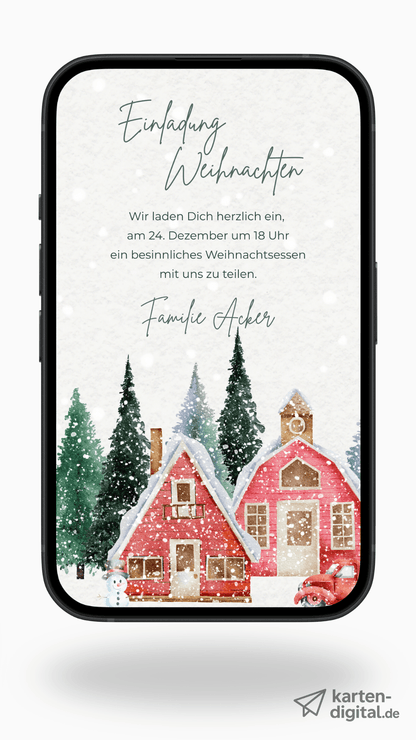 Digitale Einladung zu Weihnachten – winterliches Aquarelldesign mit gemütlichen Häuschen - karten - digital