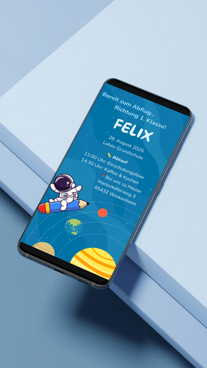 Digitale Einladung zur Einschulung – mit Astronaut & Weltraum für kleine Schulstarter:innen - karten - digital