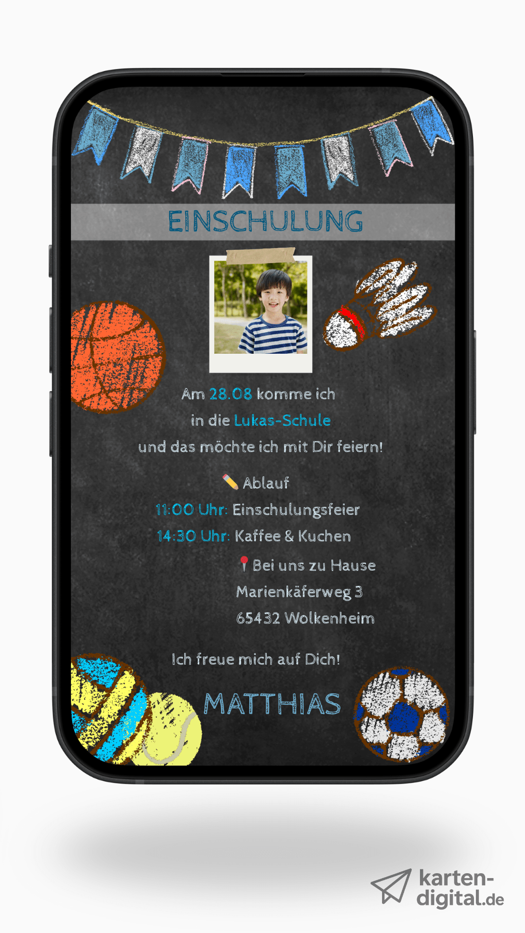 Digitale Einladung zur Einschulung – Tafel - Stil mit Kreidezeichnungen & Auswahl aus 6 Designs - karten - digital