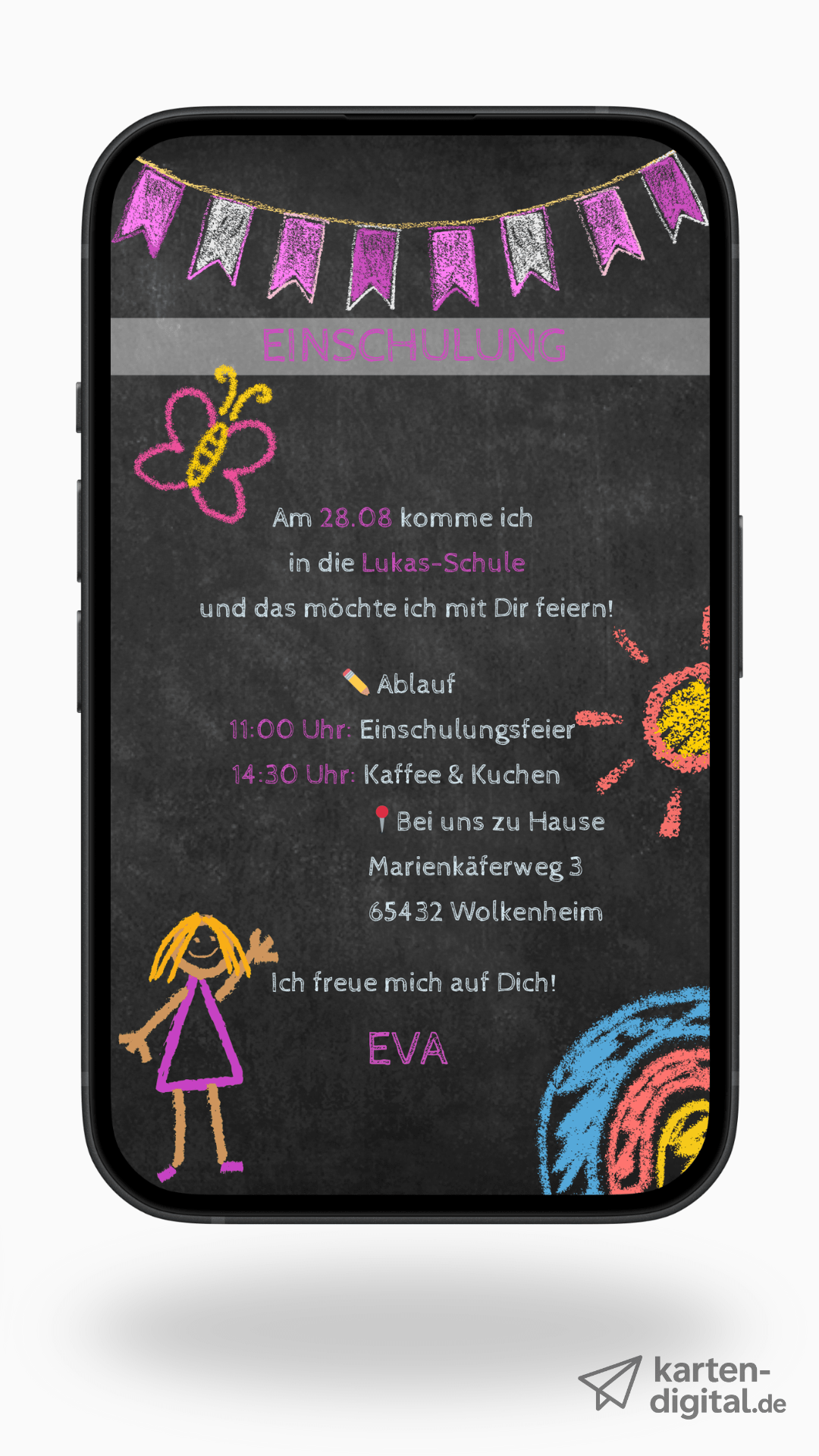 Digitale Einladung zur Einschulung – Tafel - Stil mit Kreidezeichnungen & Auswahl aus 6 Designs - karten - digital