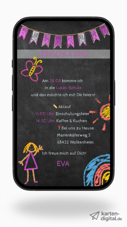 Digitale Einladung zur Einschulung – Tafel - Stil mit Kreidezeichnungen & Auswahl aus 6 Designs - karten - digital
