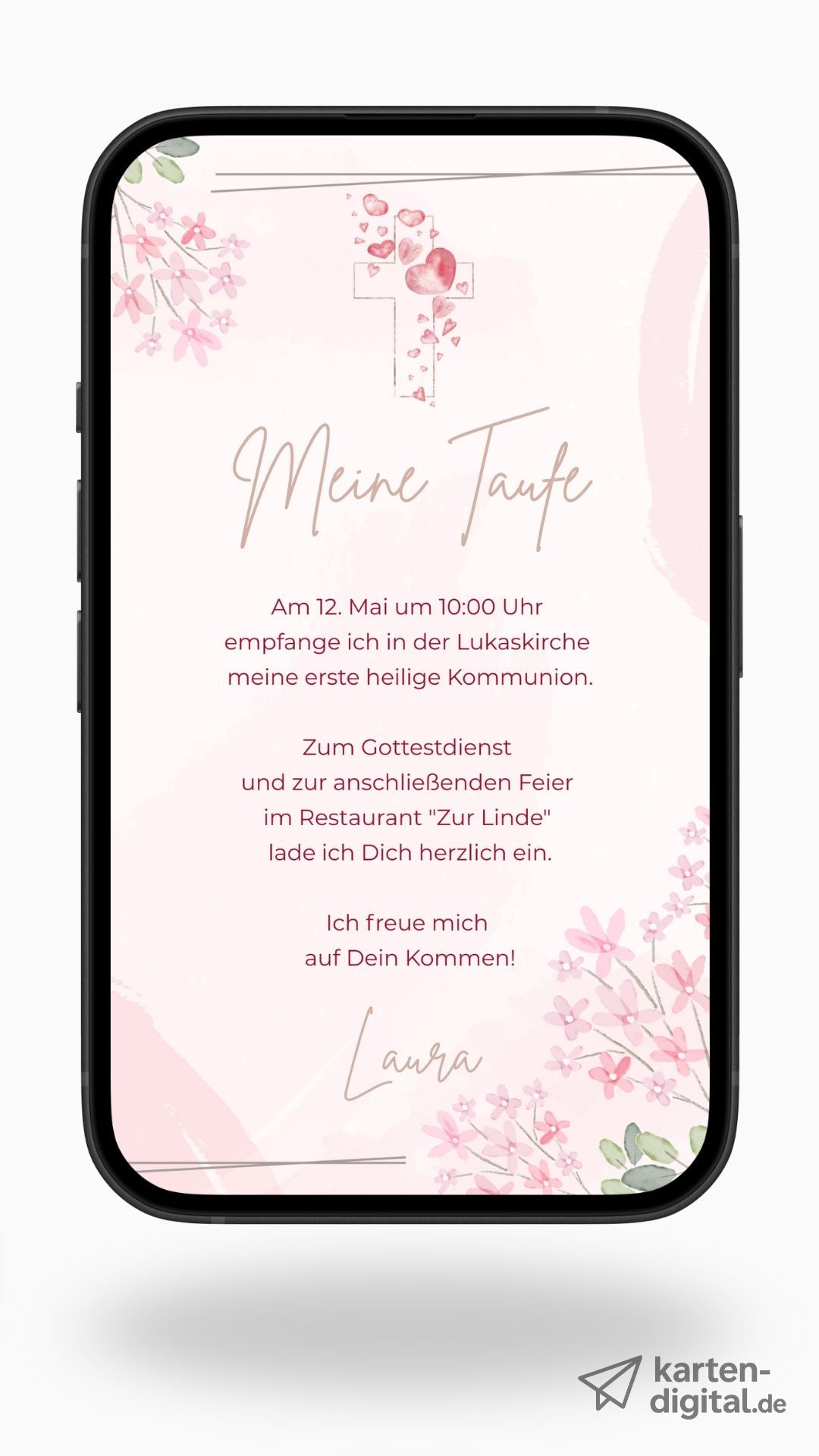 Digitale Einladung zur Taufe – zart & liebevoll mit floralen Aquarellblüten - karten - digital