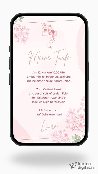 Digitale Einladung zur Taufe – zart & liebevoll mit floralen Aquarellblüten - karten - digital