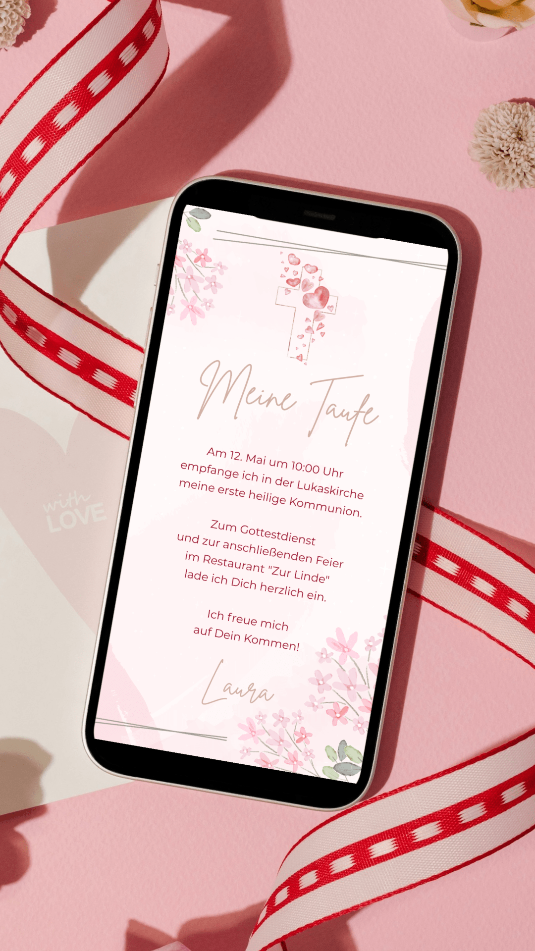 Digitale Einladung zur Taufe – zart & liebevoll mit floralen Aquarellblüten - karten - digital
