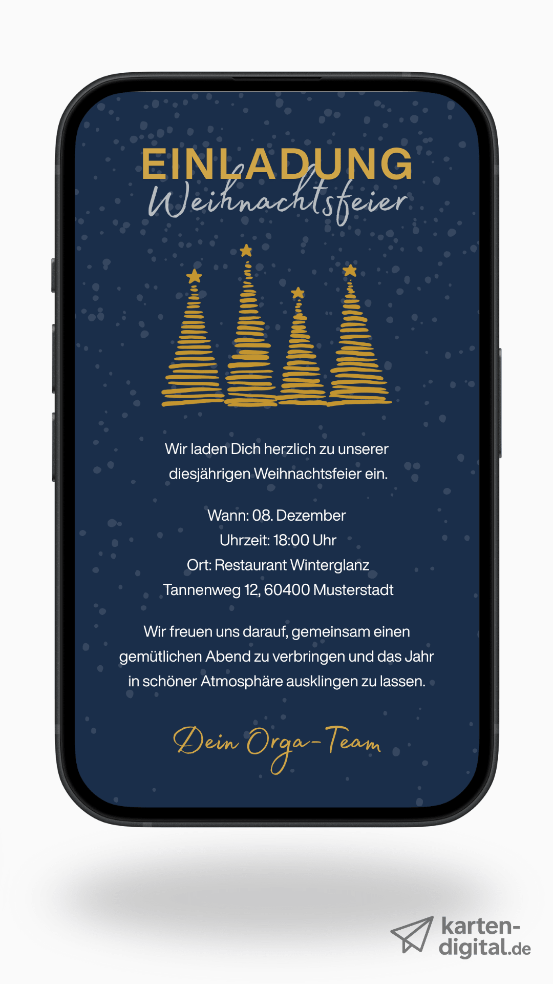 Digitale Einladung zur Weihnachtsfeier – Dunkelblau mit goldenen Tannen - karten - digital