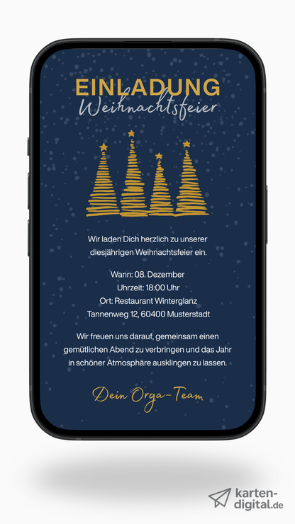 Digitale Einladung zur Weihnachtsfeier – Dunkelblau mit goldenen Tannen - karten - digital