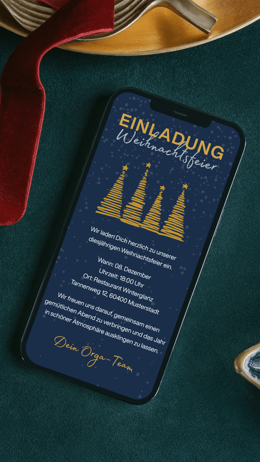 Digitale Einladung zur Weihnachtsfeier – Dunkelblau mit goldenen Tannen - karten - digital