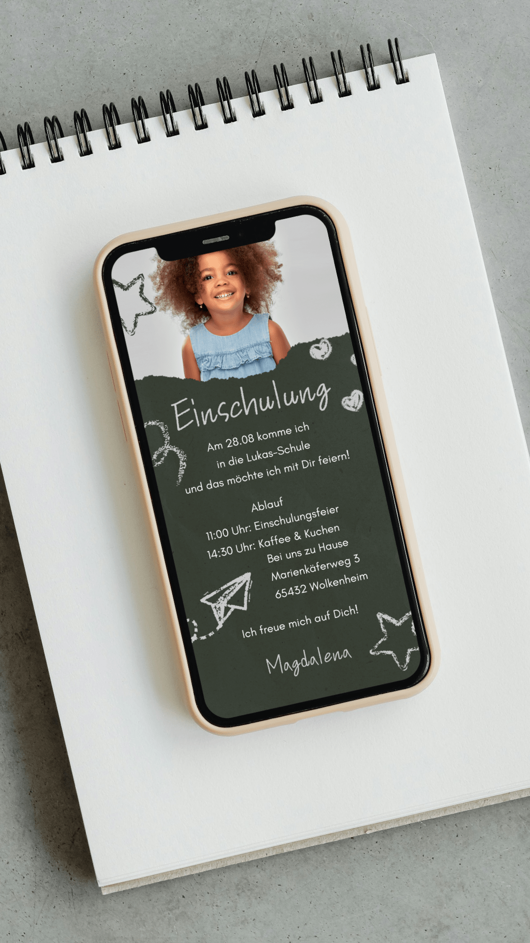 Digitale Einschulungseinladung mit Foto – im modernen Tafel - Design - karten - digital