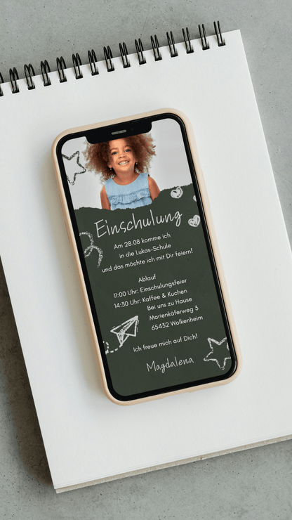 Digitale Einschulungseinladung mit Foto – im modernen Tafel - Design - karten - digital