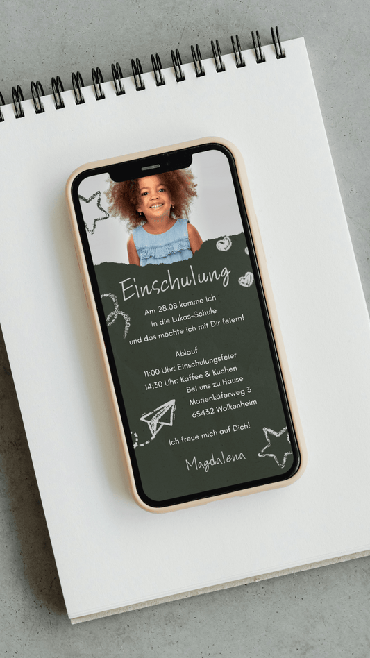 Digitale Einschulungseinladung mit Foto – im modernen Tafel - Design - karten - digital