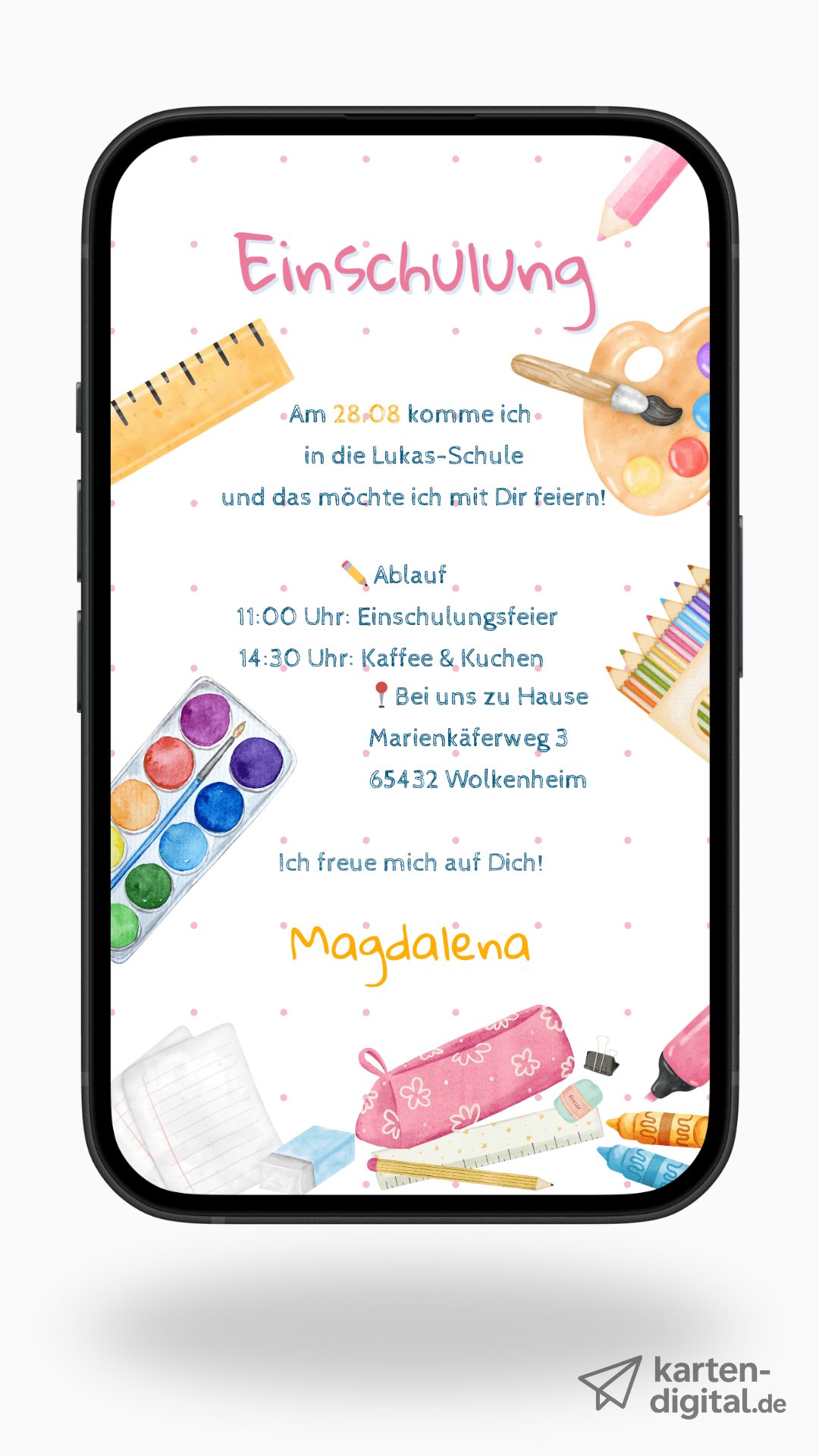 Digitale Einschulungseinladung – personalisierbar & versandbereit per WhatsApp - karten - digital