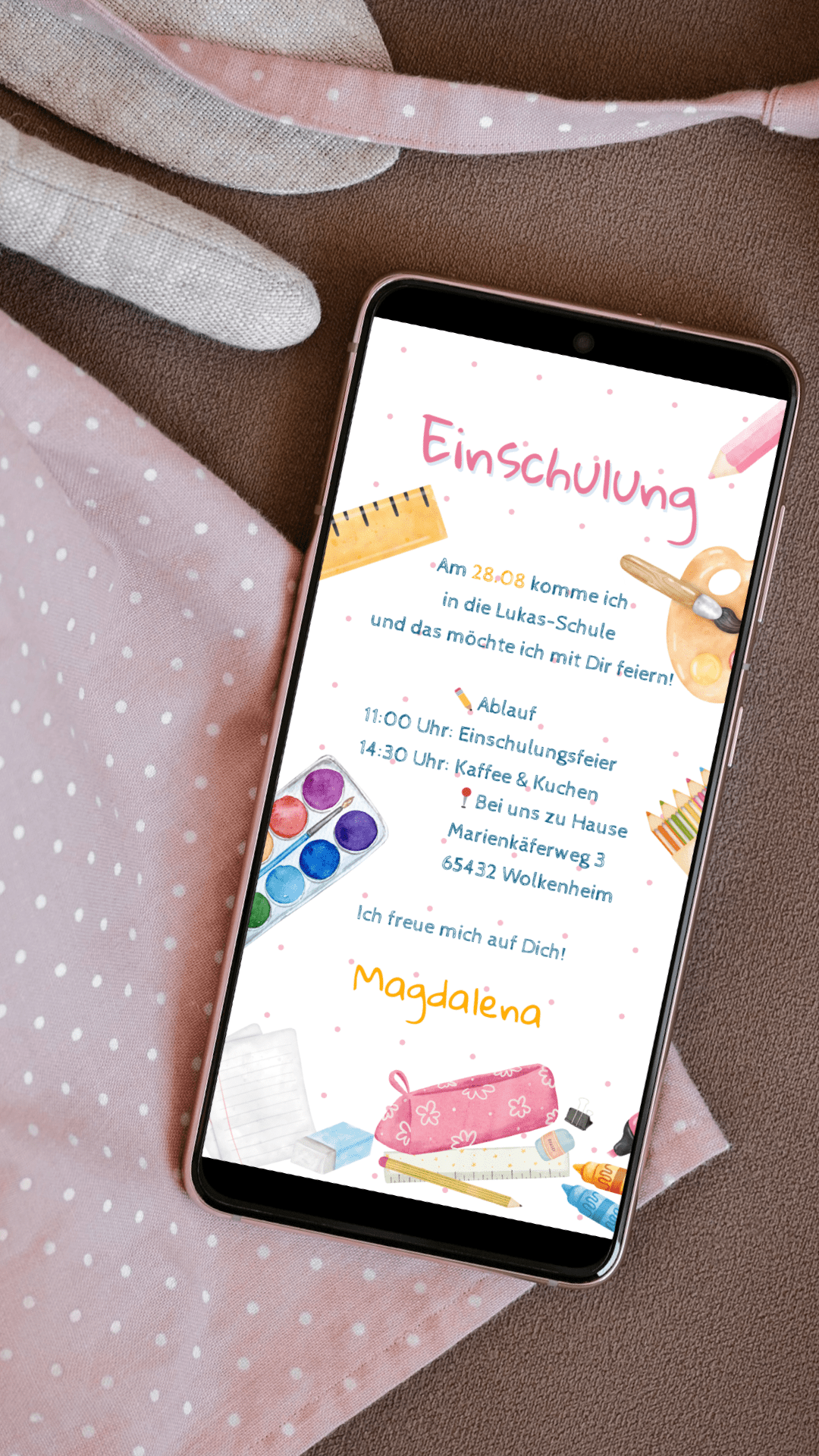 Digitale Einschulungseinladung – personalisierbar & versandbereit per WhatsApp - karten - digital