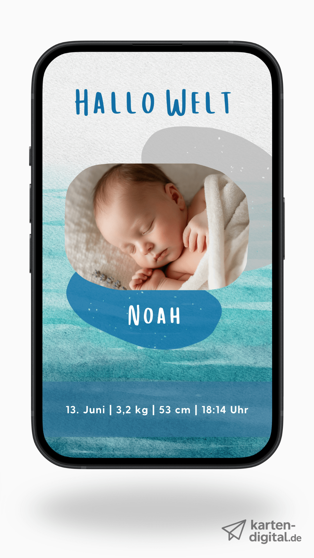 Digitale Geburtskarte – Aquarell Blau & Foto - karten - digital