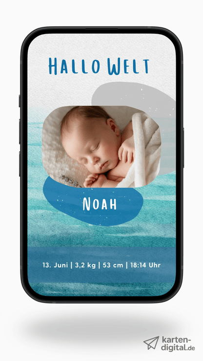 Digitale Geburtskarte – Aquarell Blau & Foto - karten - digital