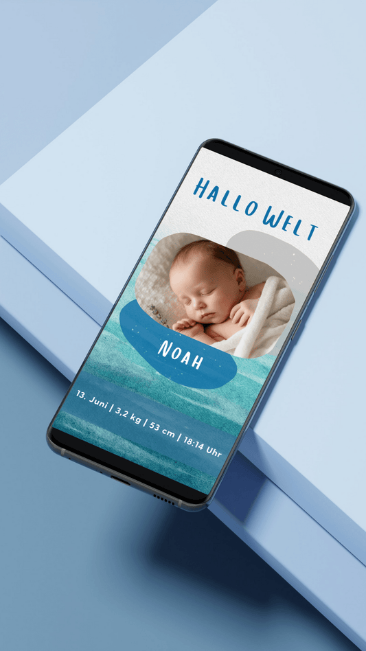 Digitale Geburtskarte – Aquarell Blau & Foto - karten - digital